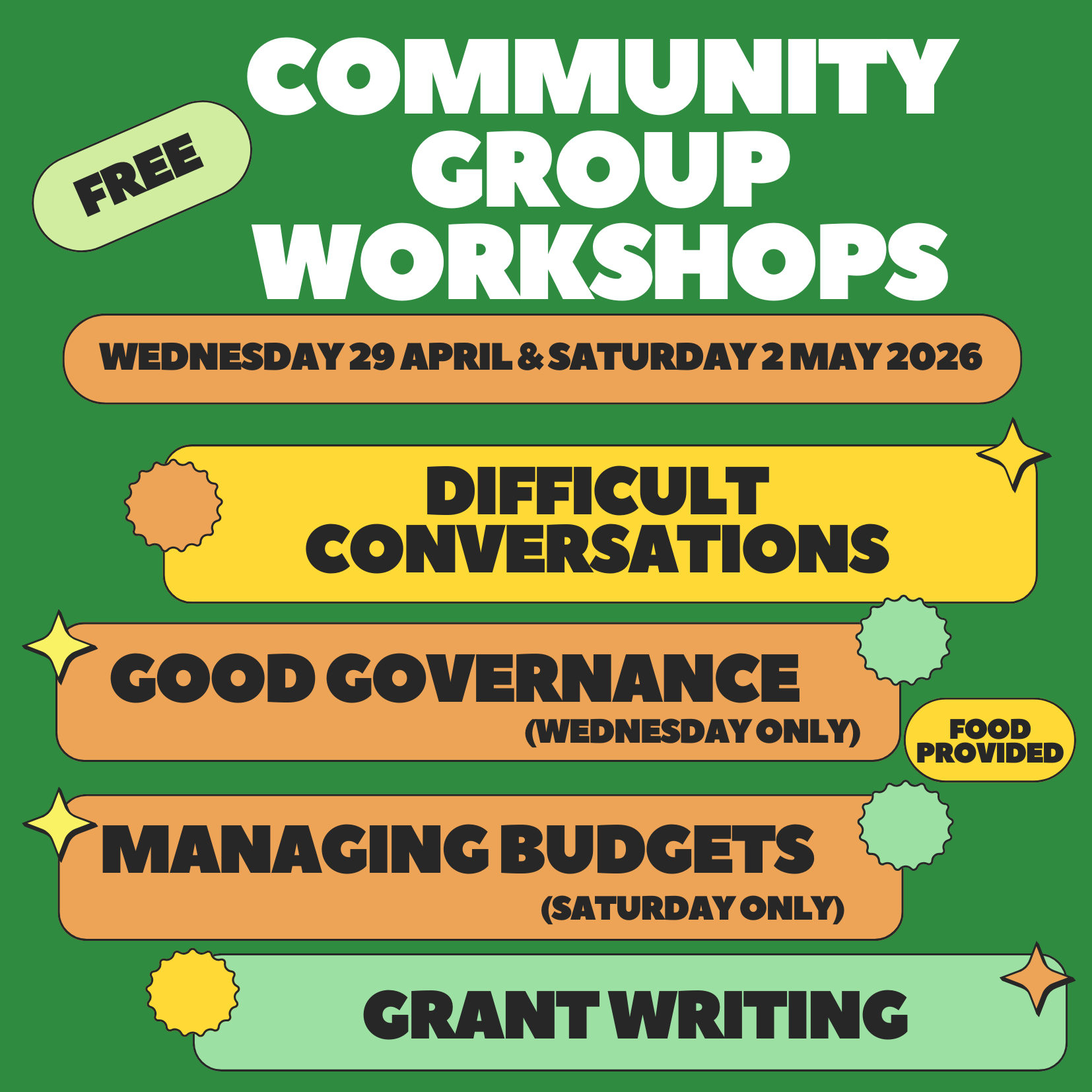 community group workshops May 2026 social media square